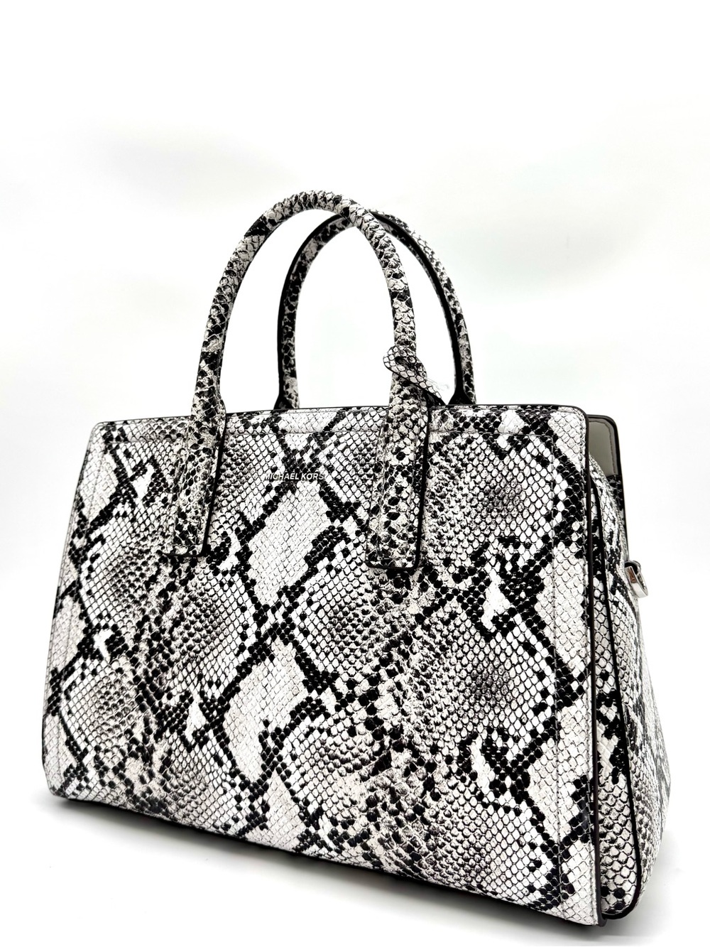 Michael Kors Laila Medium Snakeskin Leather Satchel Bag-Aluminum